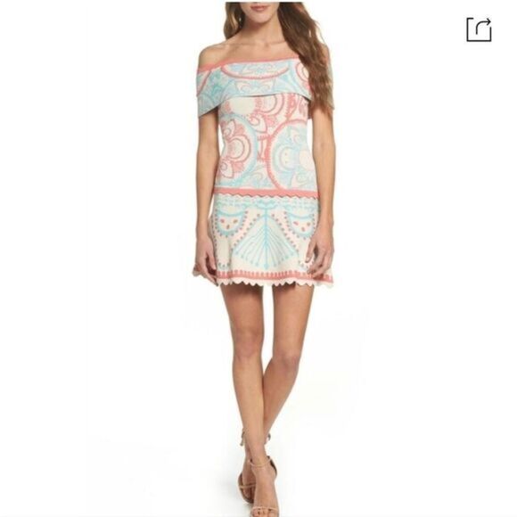 Foxiedox Winnie Off The Shoulder Dress In Beige Multi - Picture 1 of 12
